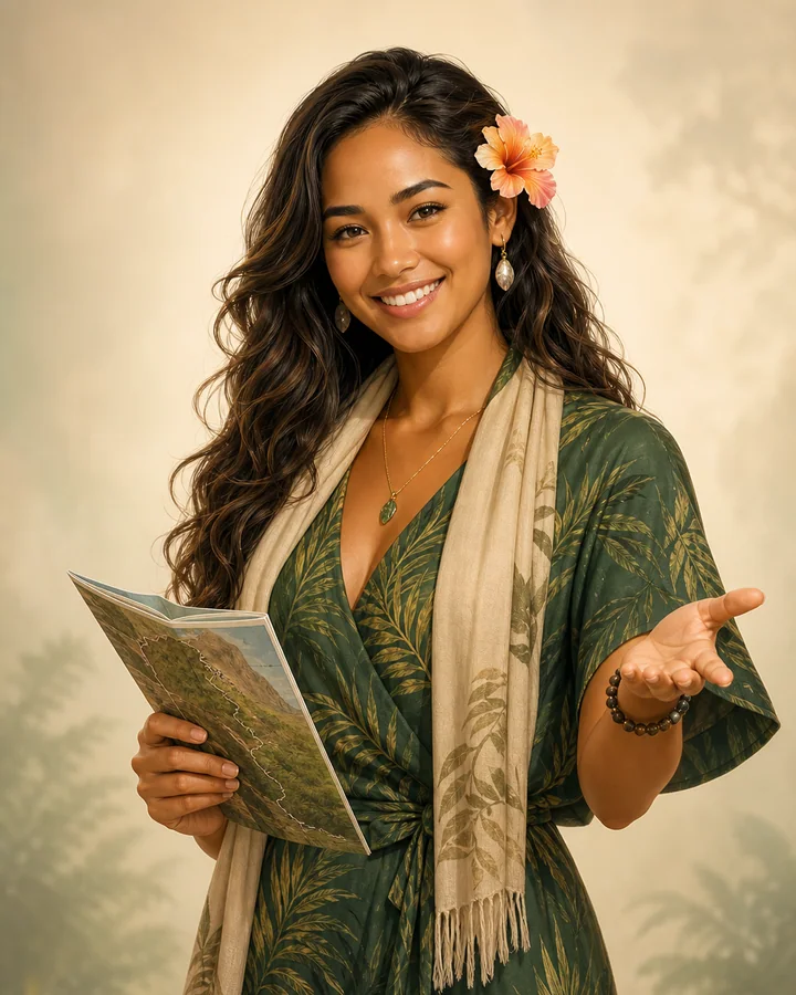 Malia, a fictional AI Hawaiʻi trip guide holding a park map